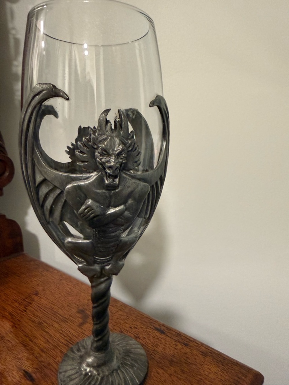 Gargoyle Glass Goblet in Metallic Gray - Gothic Decorative Wine Chalice
